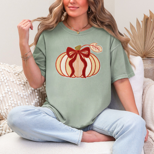 Pumpkin Red Bow Tan Leaves Transfer
