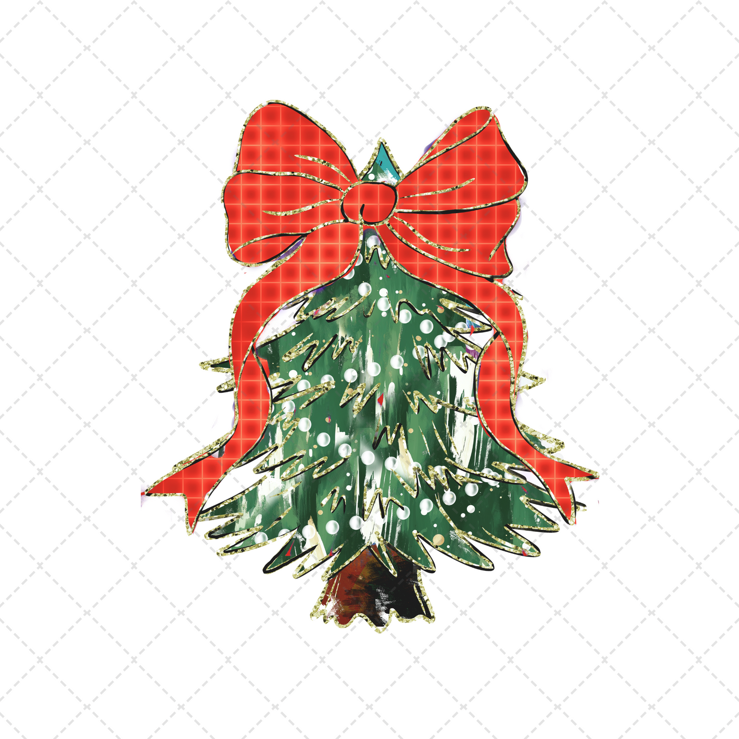 Brush Stroke Traditional Christmas Tree With Red Plaid Bow Transfer