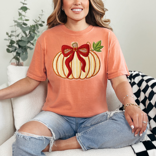 Pumpkin Red Bow Green Leaves Transfer