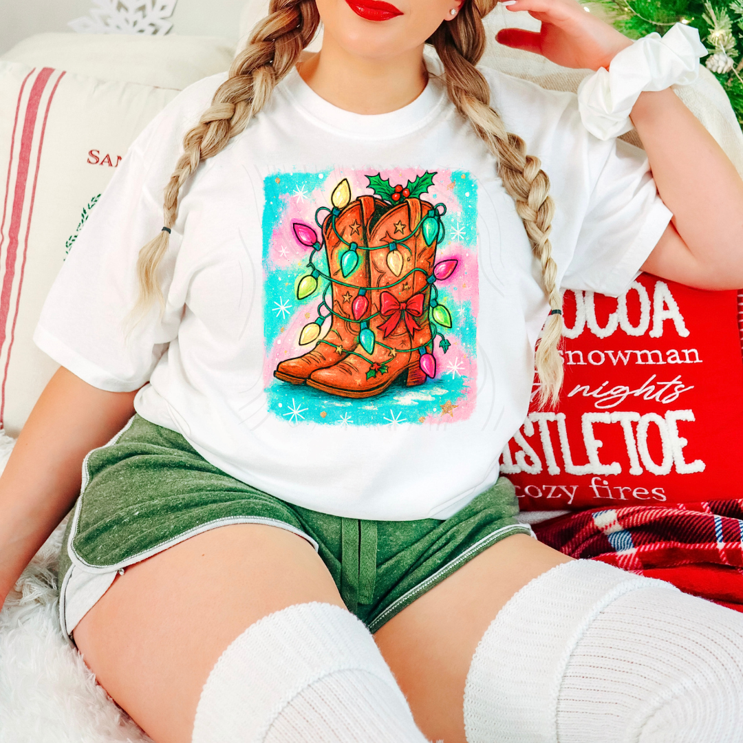 Watercolor Christmas Lights Boots Transfer
