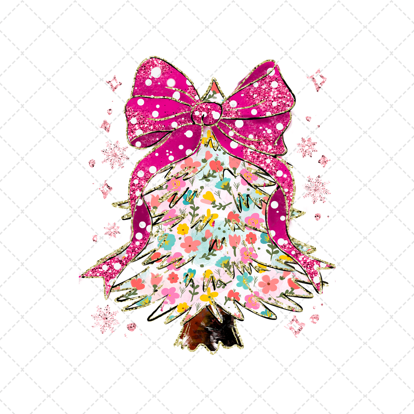 Floral Christmas Tree With Pink Dot Bow Transfer