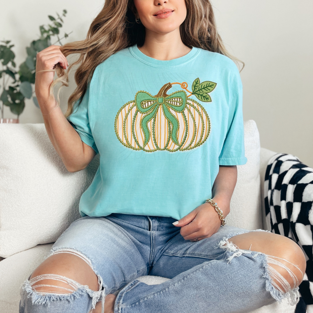 Pumpkin Green Bow Green Leaves Transfer