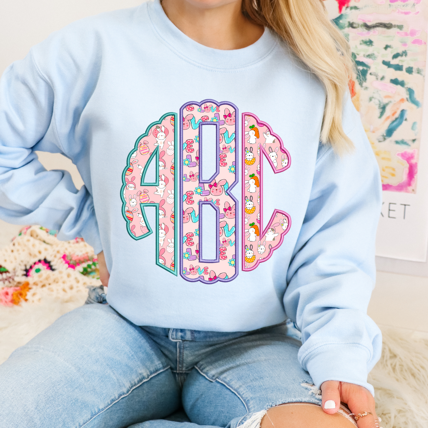 Pink & Blue Easter Bunny - Custom Monogram Transfer