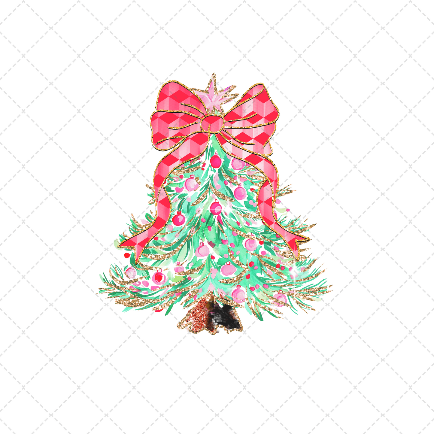 Pink And Green Christmas Tree And Red Plaid Bow Transfer