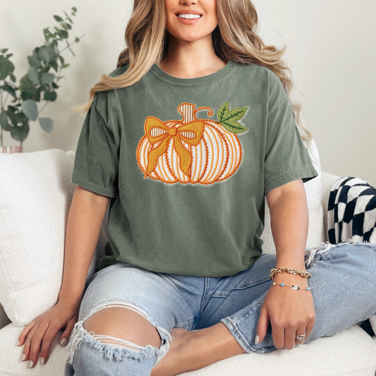 Pumpkin Orange Bow With Green Leaves Transfer