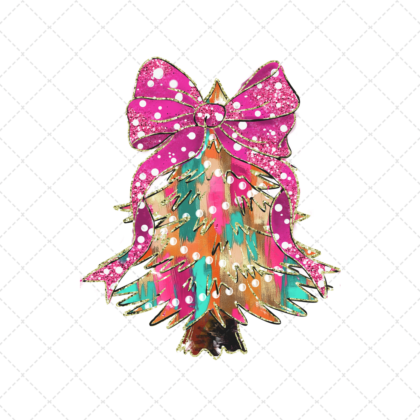 Colorful Brush Stroke Christmas Tree With Pink Glitter Bow Transfer