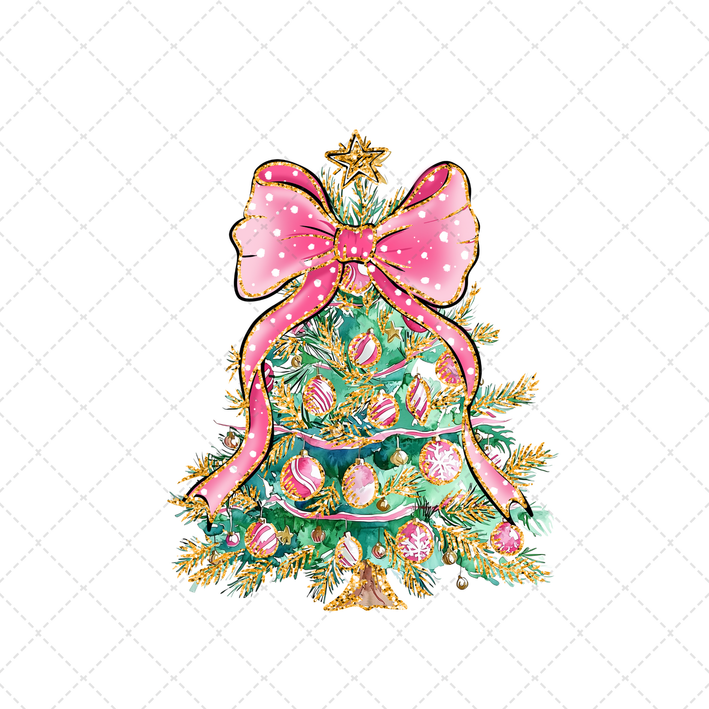 Green Pink And Gold Christmas Tree With Bow Transfer