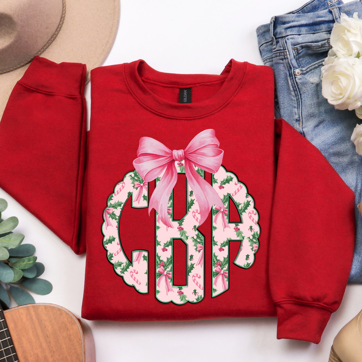 Pink Coquette Candy Cane with Holly - Custom Monogram Transfer