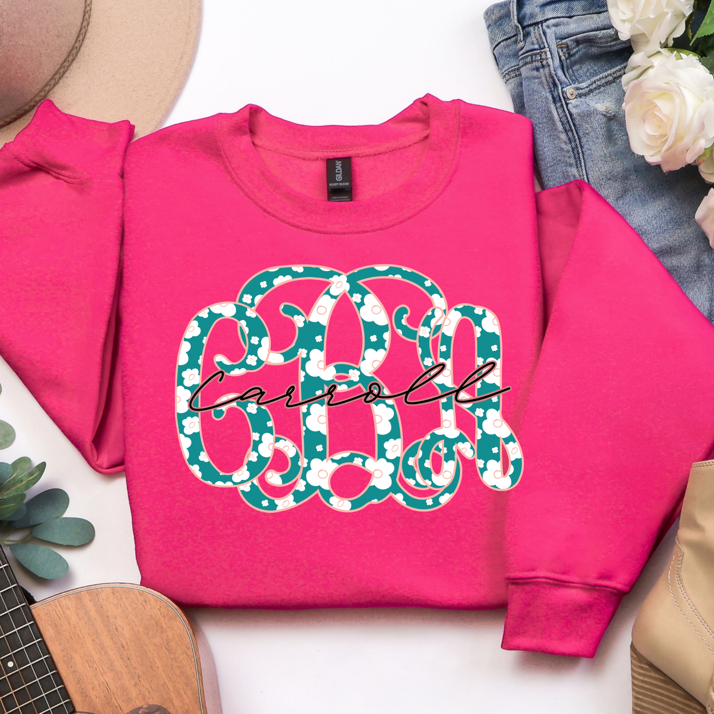 Peach & Teal Floral Vines - Custom Monogram Transfer