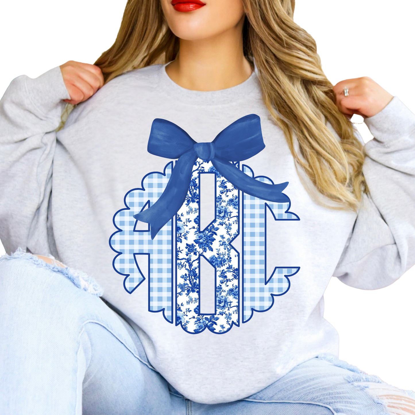 Blue Floral Plaid- Custom Monogram Transfer