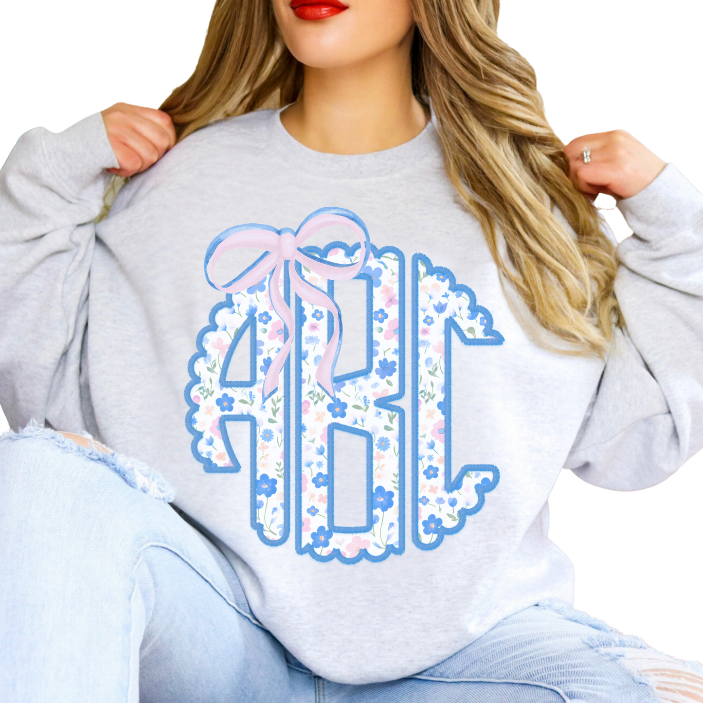Blue & Pink Floral Coquette Bow - Custom Monogram Transfer