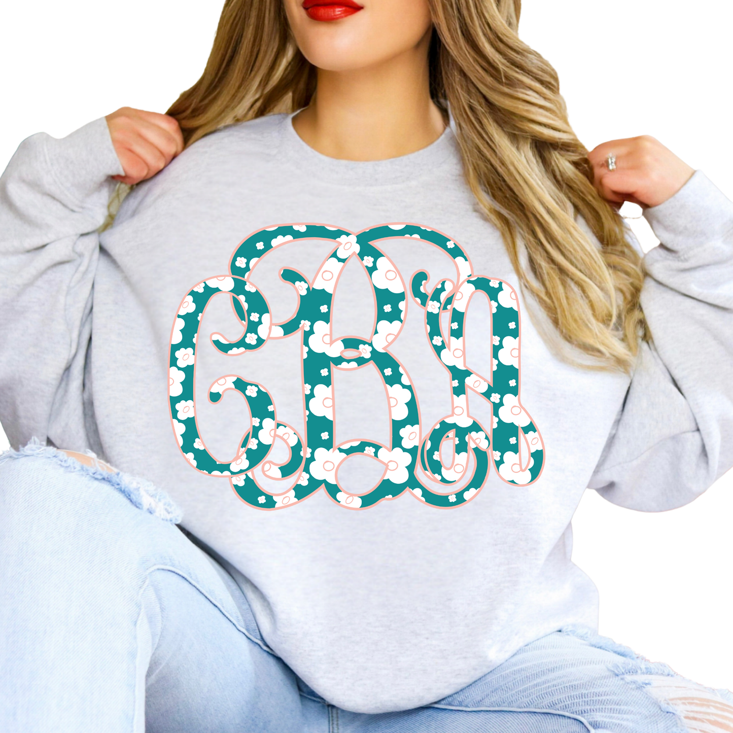 Peach & Teal Floral Vines - Custom Monogram Transfer