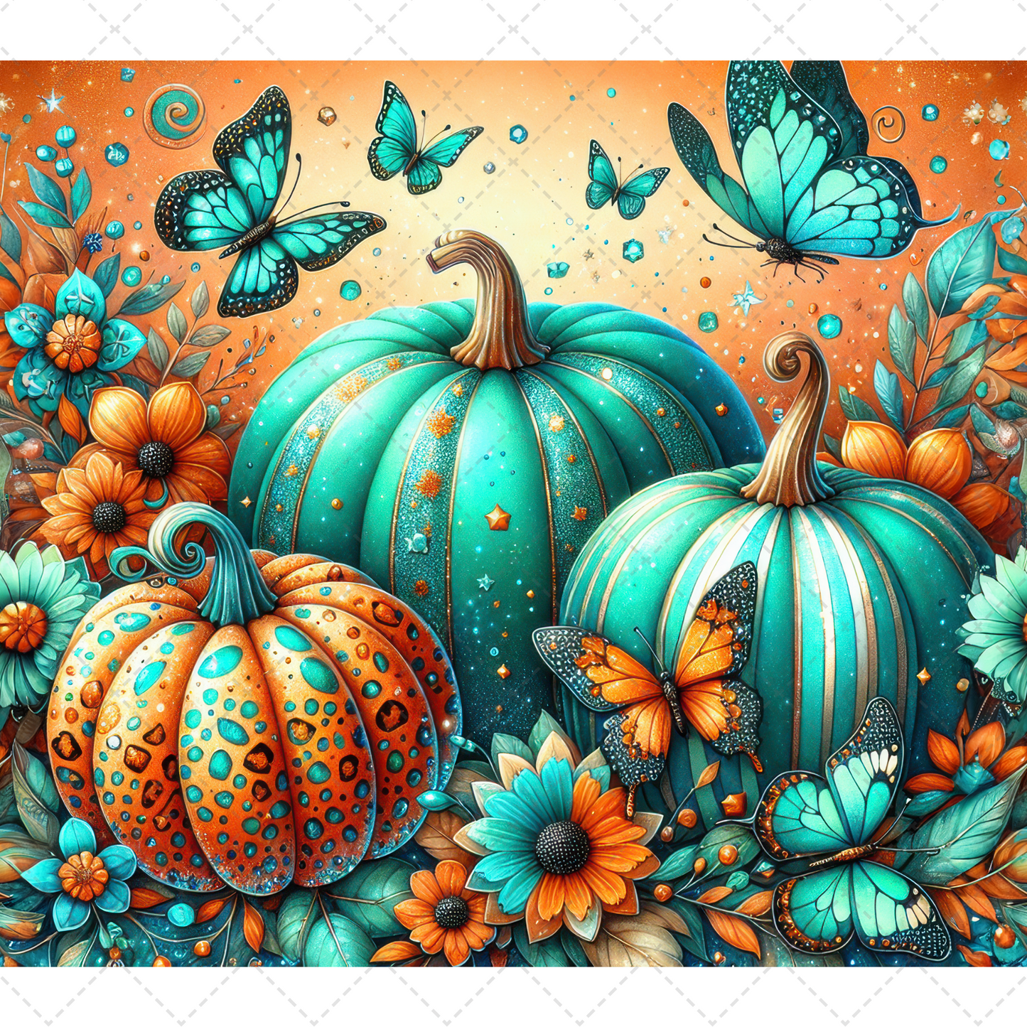 Glitter Turquoise Orange Pumpkins Tumbler- Sublimation Transfer