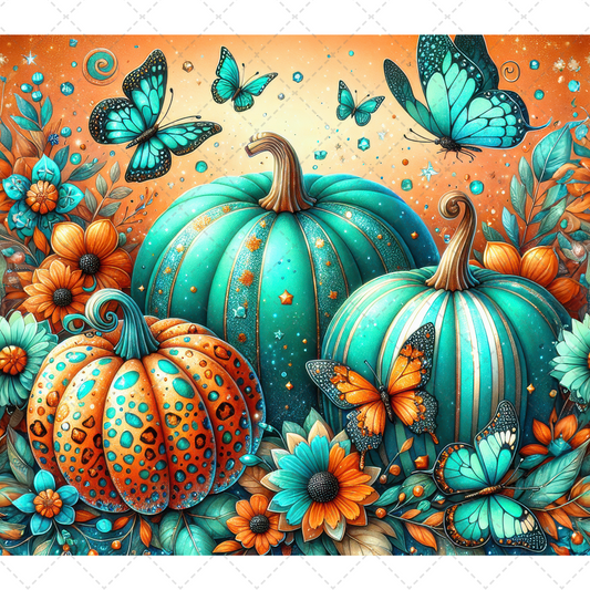 Glitter Turquoise Orange Pumpkins Tumbler- Sublimation Transfer