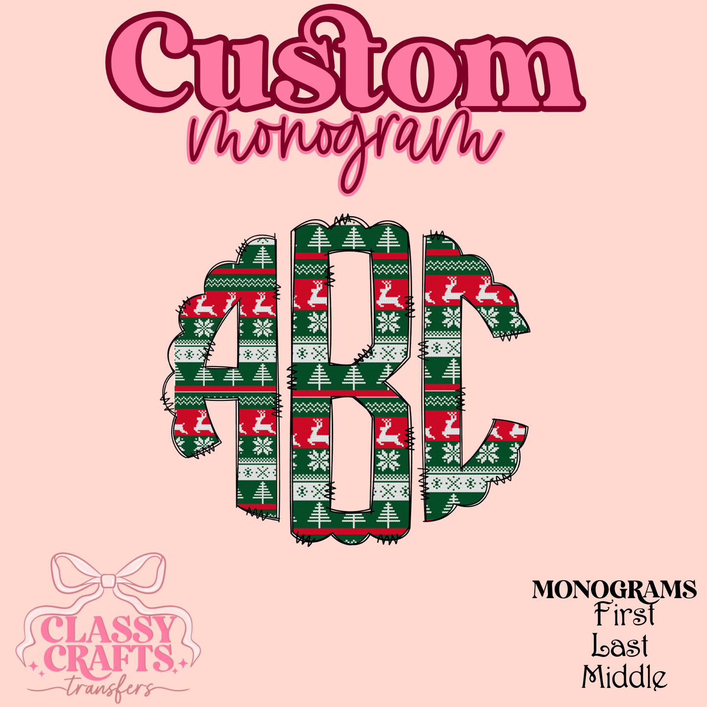 Reindeer Knit Pattern - Custom Monogram Transfer
