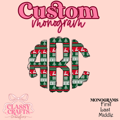 Reindeer Knit Pattern - Custom Monogram Transfer