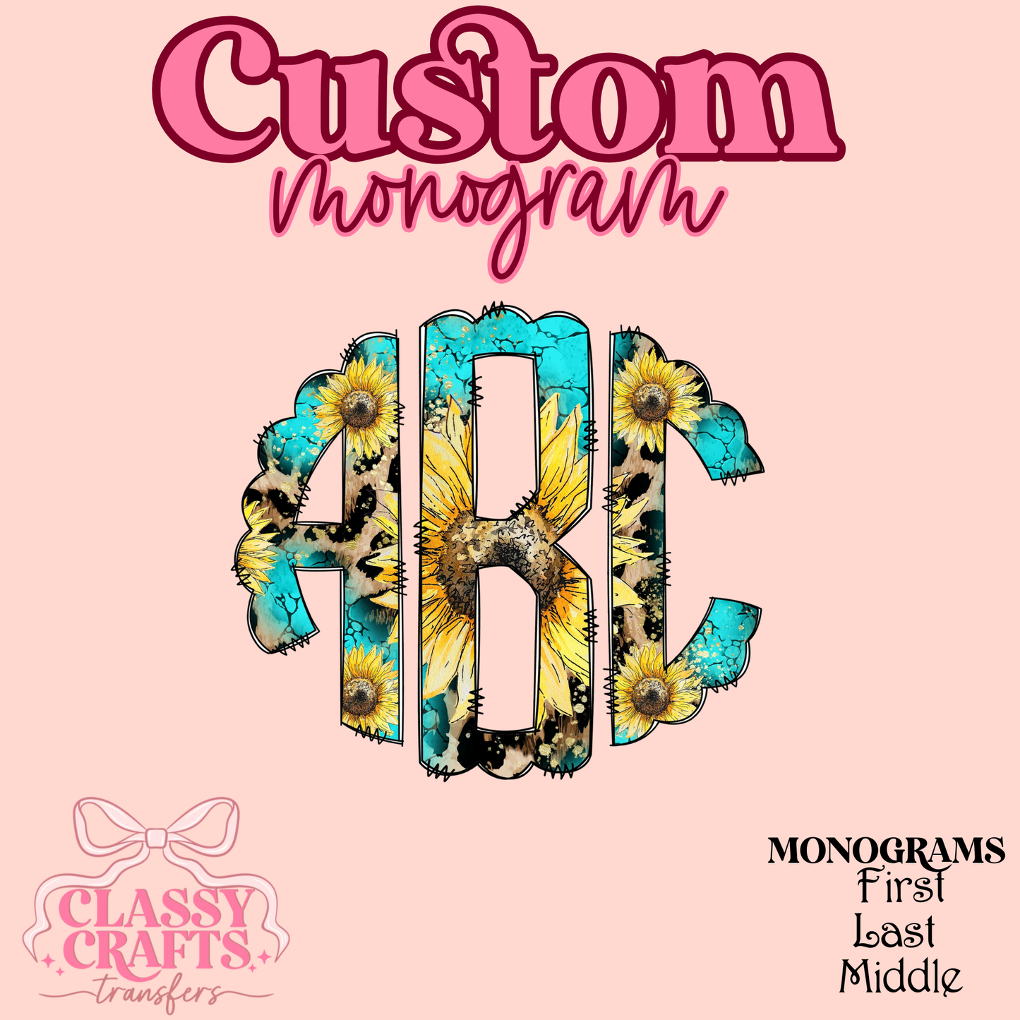 Teal Sunflower - Custom Monogram Transfer