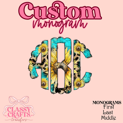 Teal Sunflower - Custom Monogram Transfer