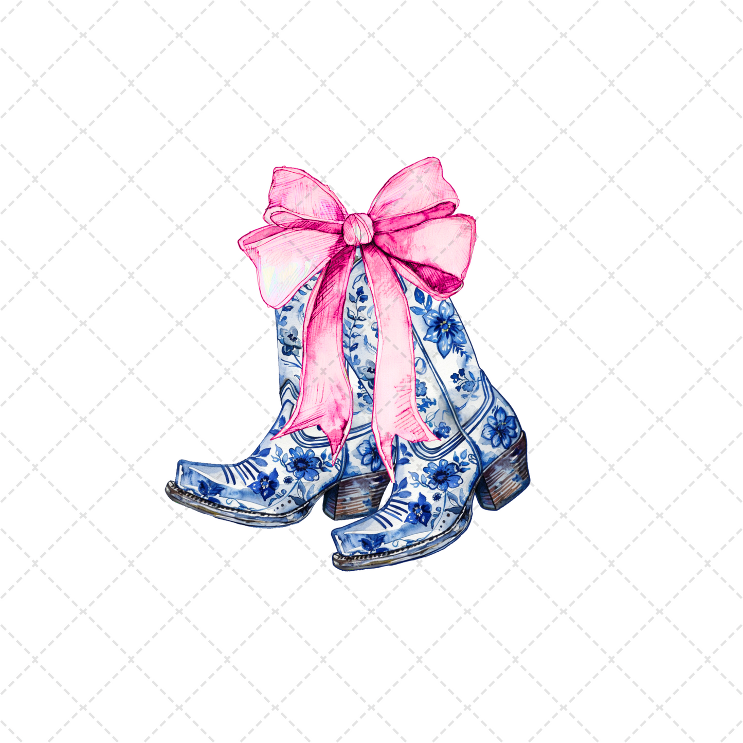 Blue Floral Pink Bow Boots Transfer