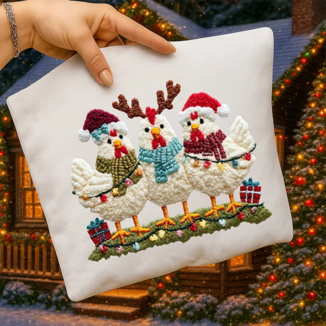 CHICKEN CHRISTMAS LIGHTS FAUX YARN TRANSFER