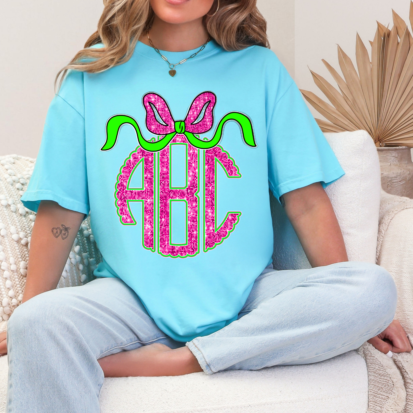 Coquette Hot Pink & Green Glitter - Custom Monogram Transfer