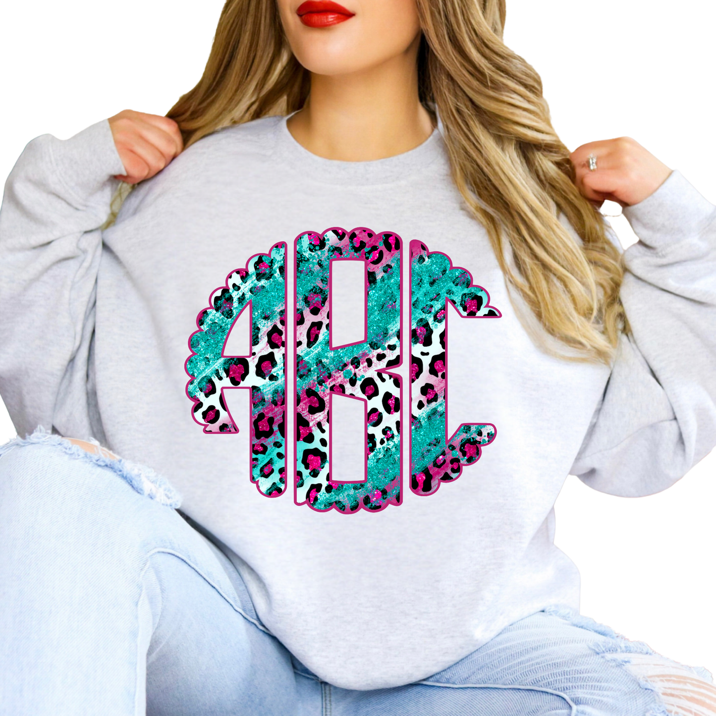 Pink Leopard With Blue Glitter - Custom Monogram Transfer