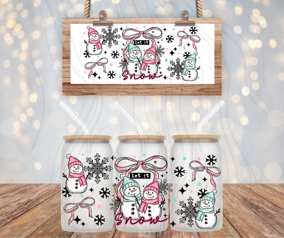 Let It Snow Mint And PInk 16 Oz Transfer