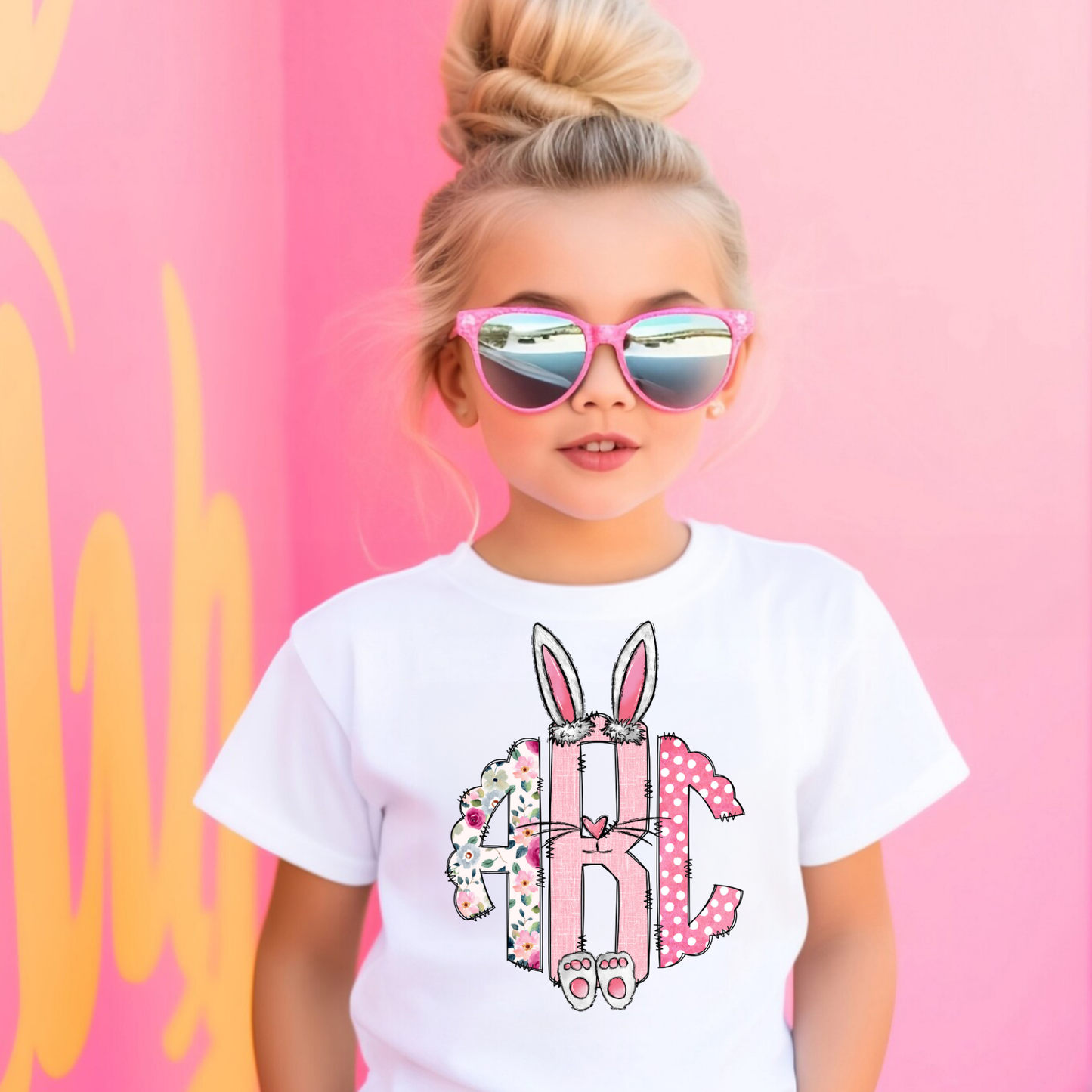 Flower Pink Easter Bunny Ears- Custom Monogram Transfer