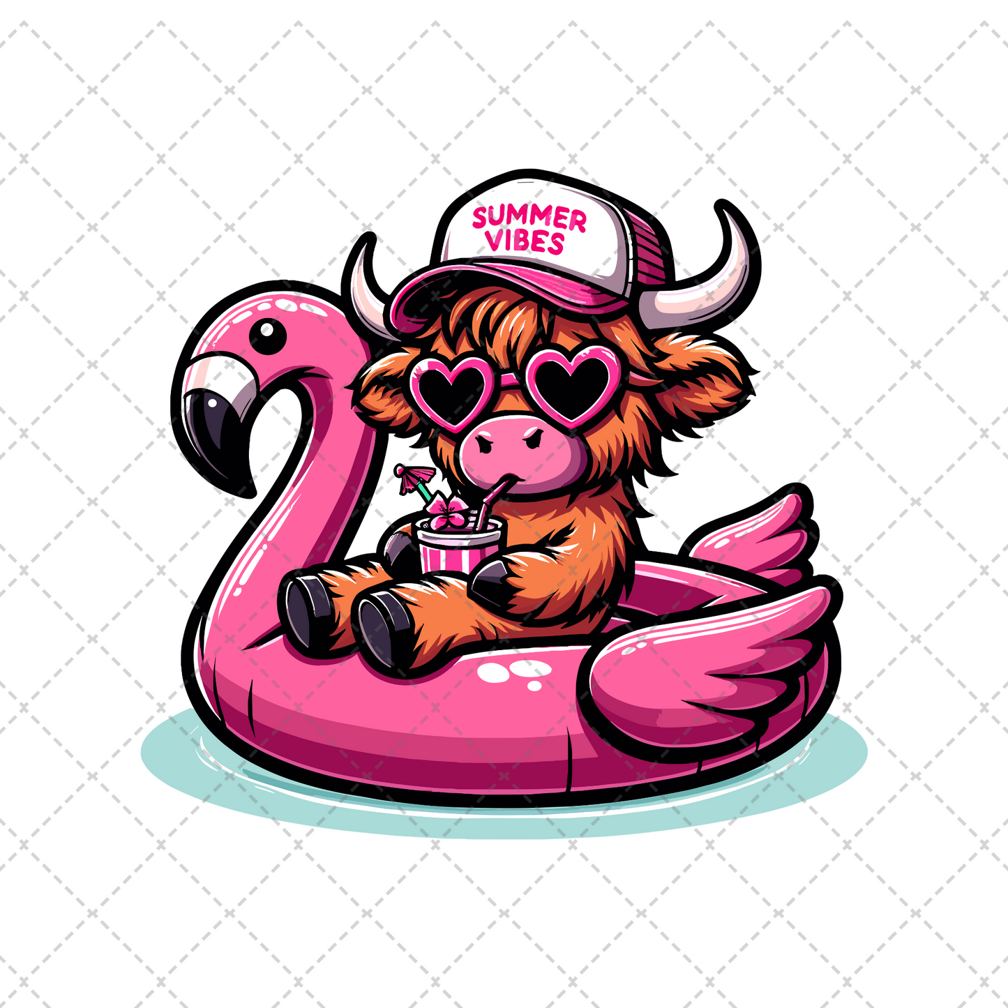 Summer Vibes Highland Cow Flamingo Float Transfer