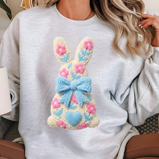 Pink Flower Faux Yarn Easter Bunny Transfer