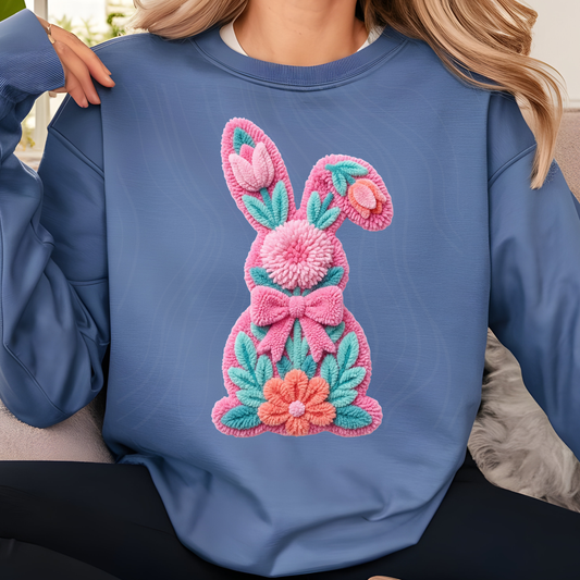Pink Floral Faux Yarn Easter Bunny Transfer