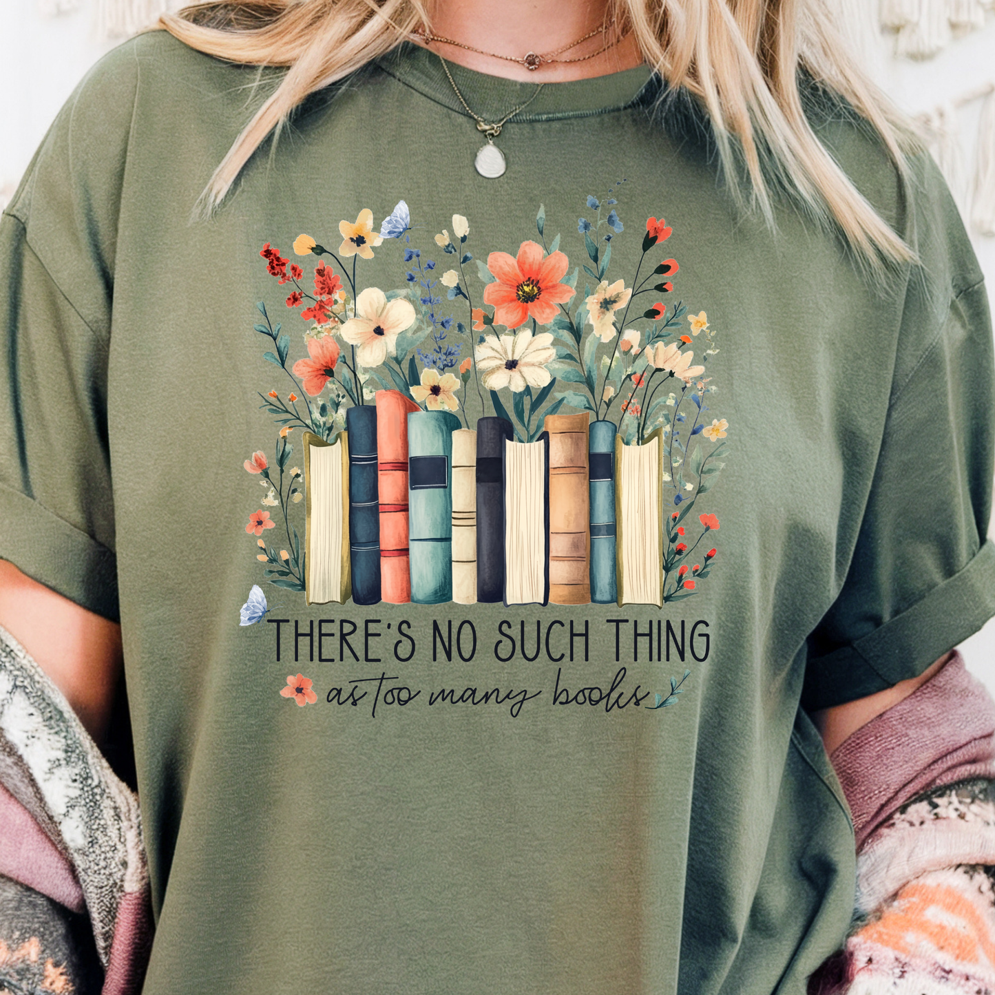 Floral No Such Thing As Too Many Books Transfer