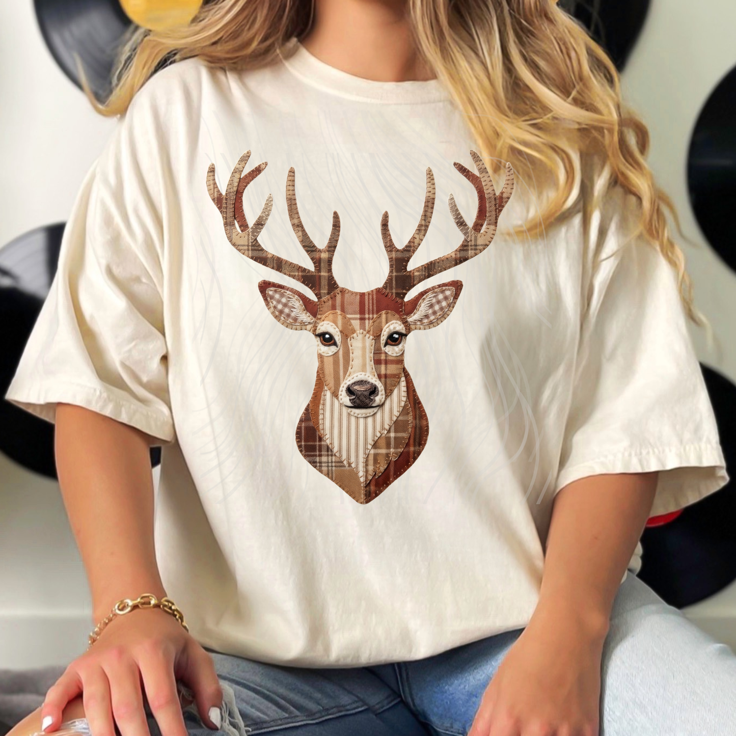 Faux Patchwork Deer Head Transfer