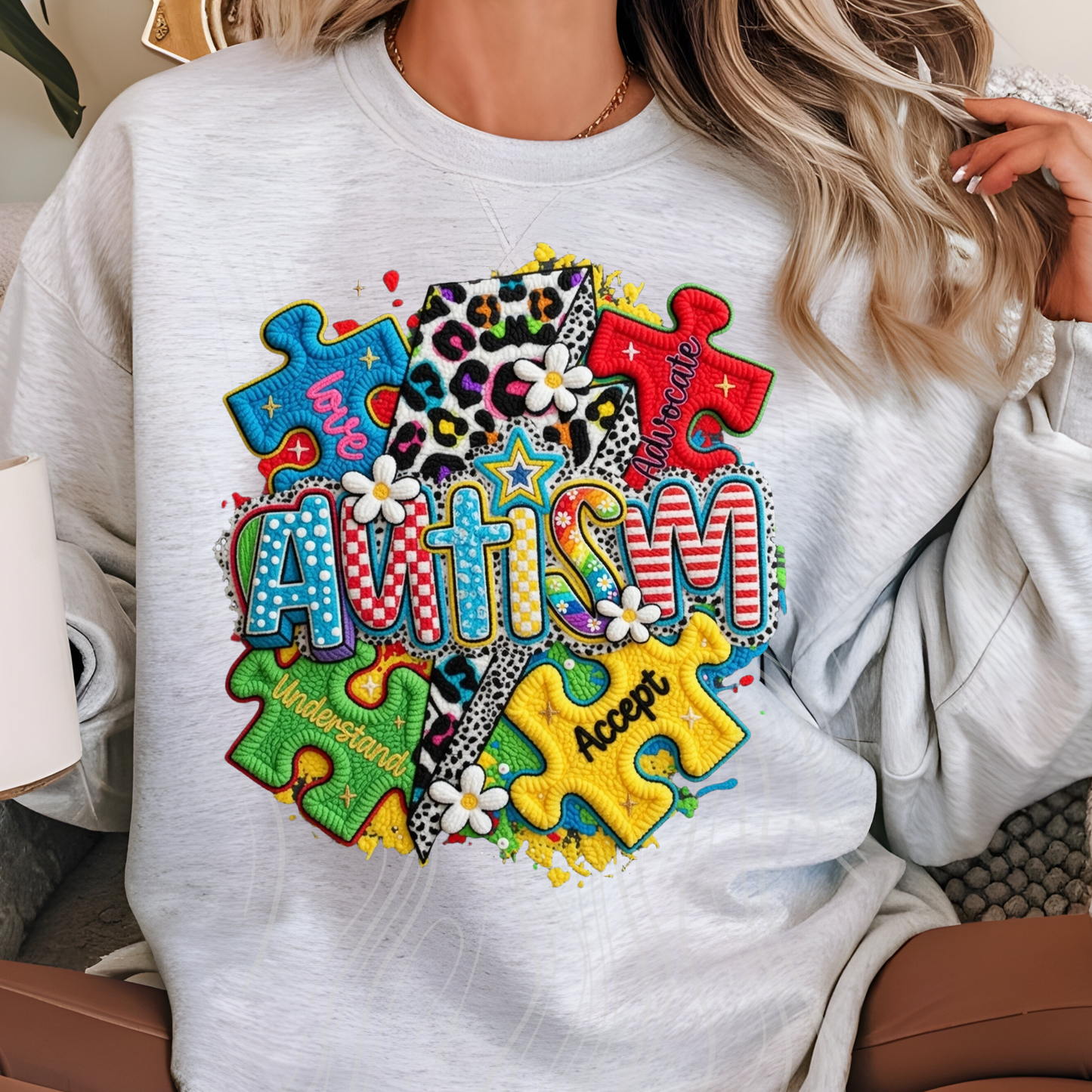 Faux Yarn Autism  Floral Transfer