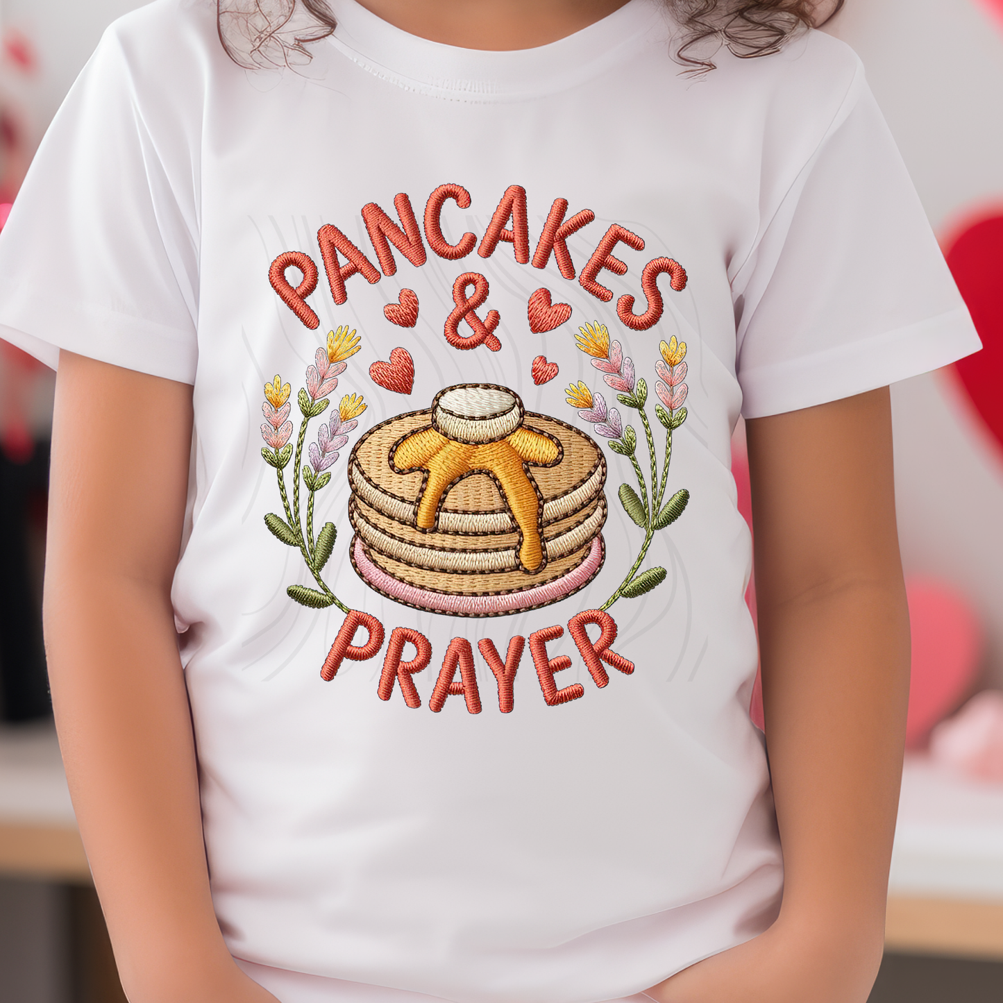 Pancakes And Prayer Faux Embroidered Transfer