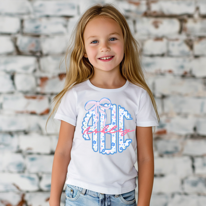 Blue & Pink Floral Coquette Bow - Custom Monogram Transfer
