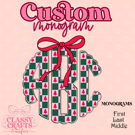 Pink & Green Plaid Christmas Tree- Custom Monogram Transfer
