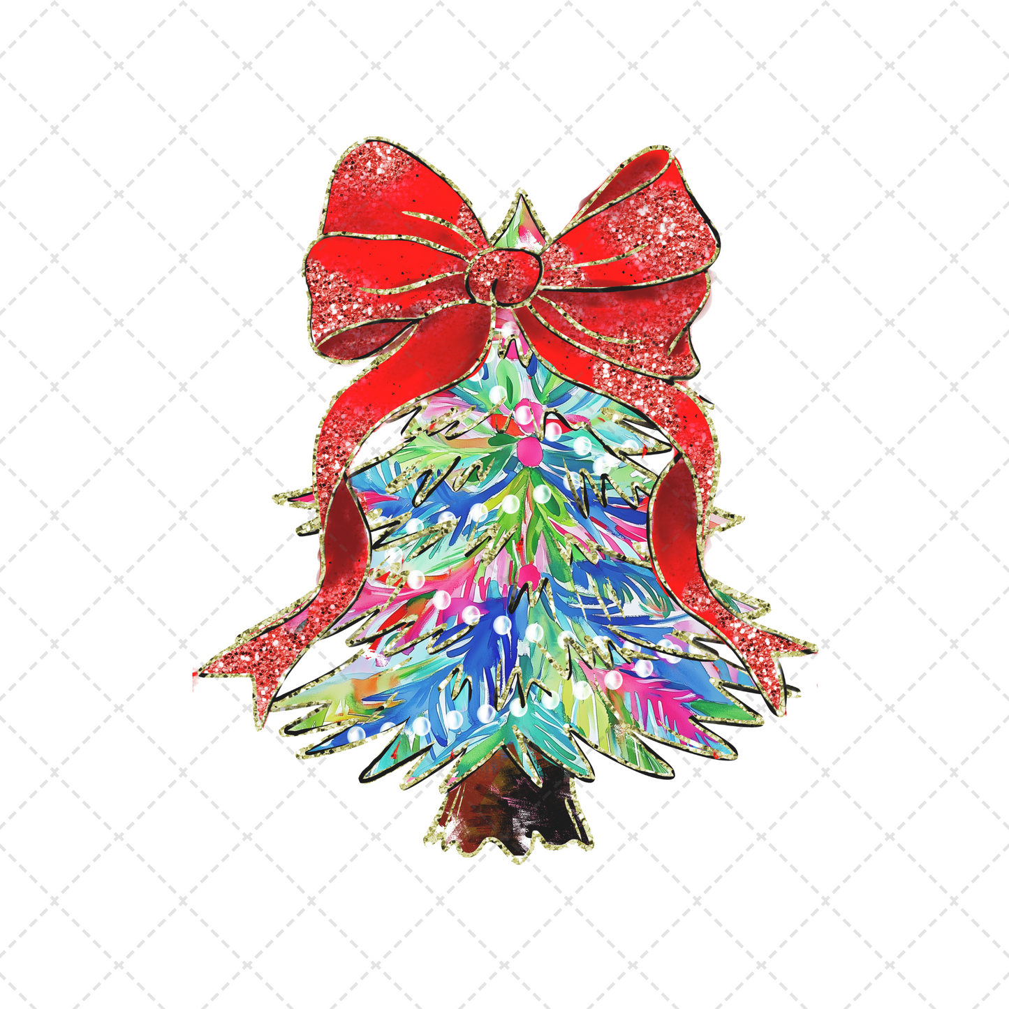 Colorful Christmas Tree With Red Coquette Bow Transfer