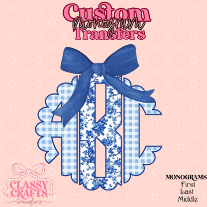 Blue Floral Plaid- Custom Monogram Transfer