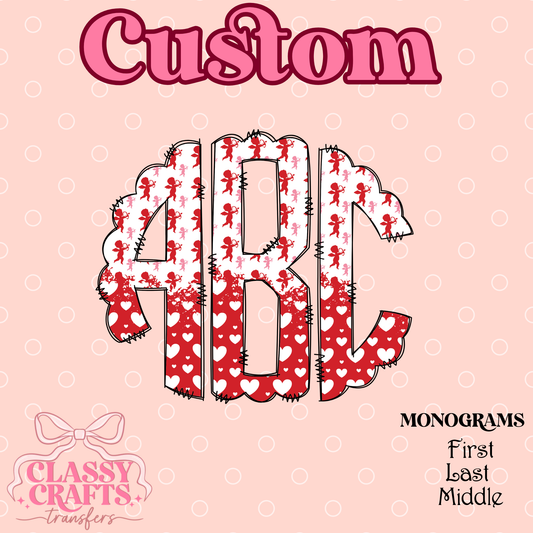 Red & White Cupid and Hearts  - Custom Monogram Transfer