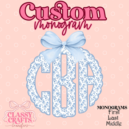 Blue Florals Coquette Bow - Custom Monogram Transfer