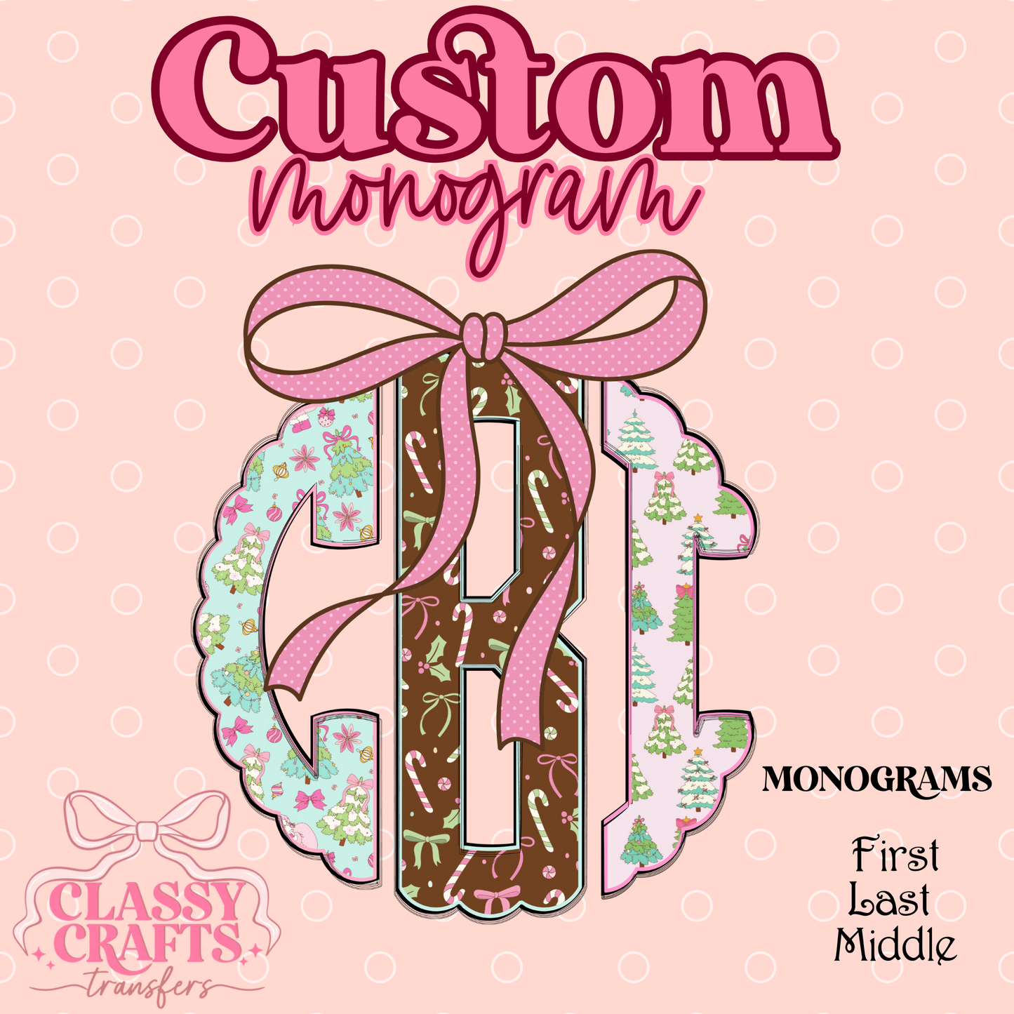 Pink & Blue Coquette Santa - Custom Monogram Transfer