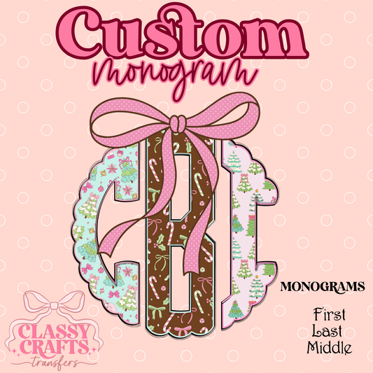 Pink & Blue Coquette Santa - Custom Monogram Transfer