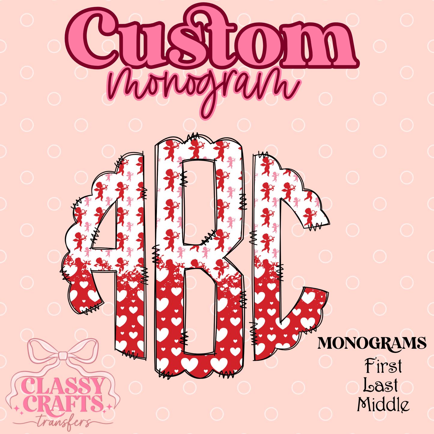 Hearts And Cupid - Custom Monogram Transfer