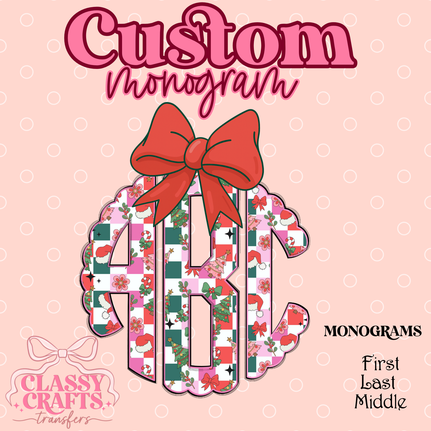 Pink & Green Plaid With Santa Hat- Custom Monogram Transfer
