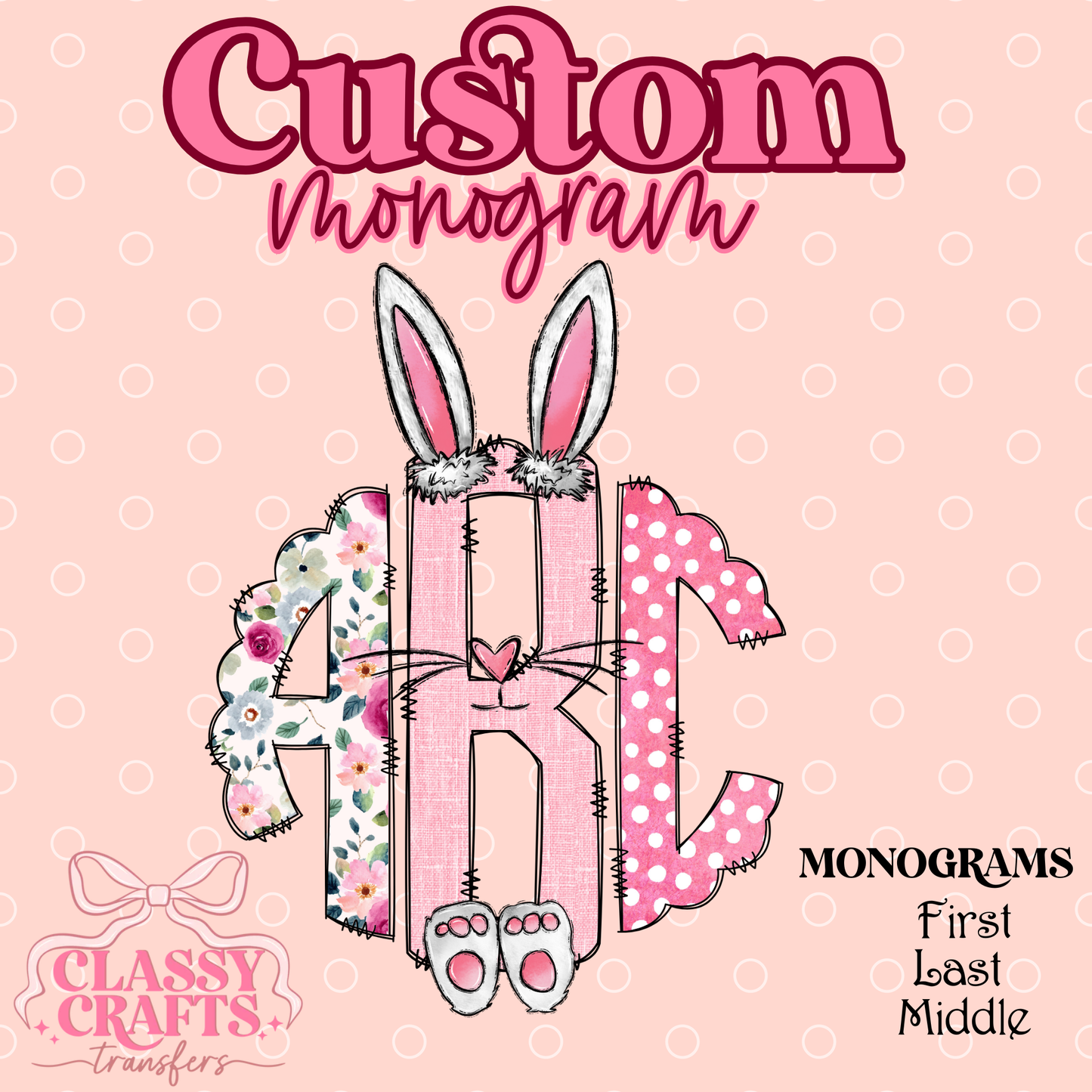 Flower Pink Easter Bunny Ears- Custom Monogram Transfer