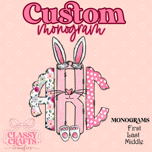 Flower Pink Easter Bunny Ears- Custom Monogram Transfer