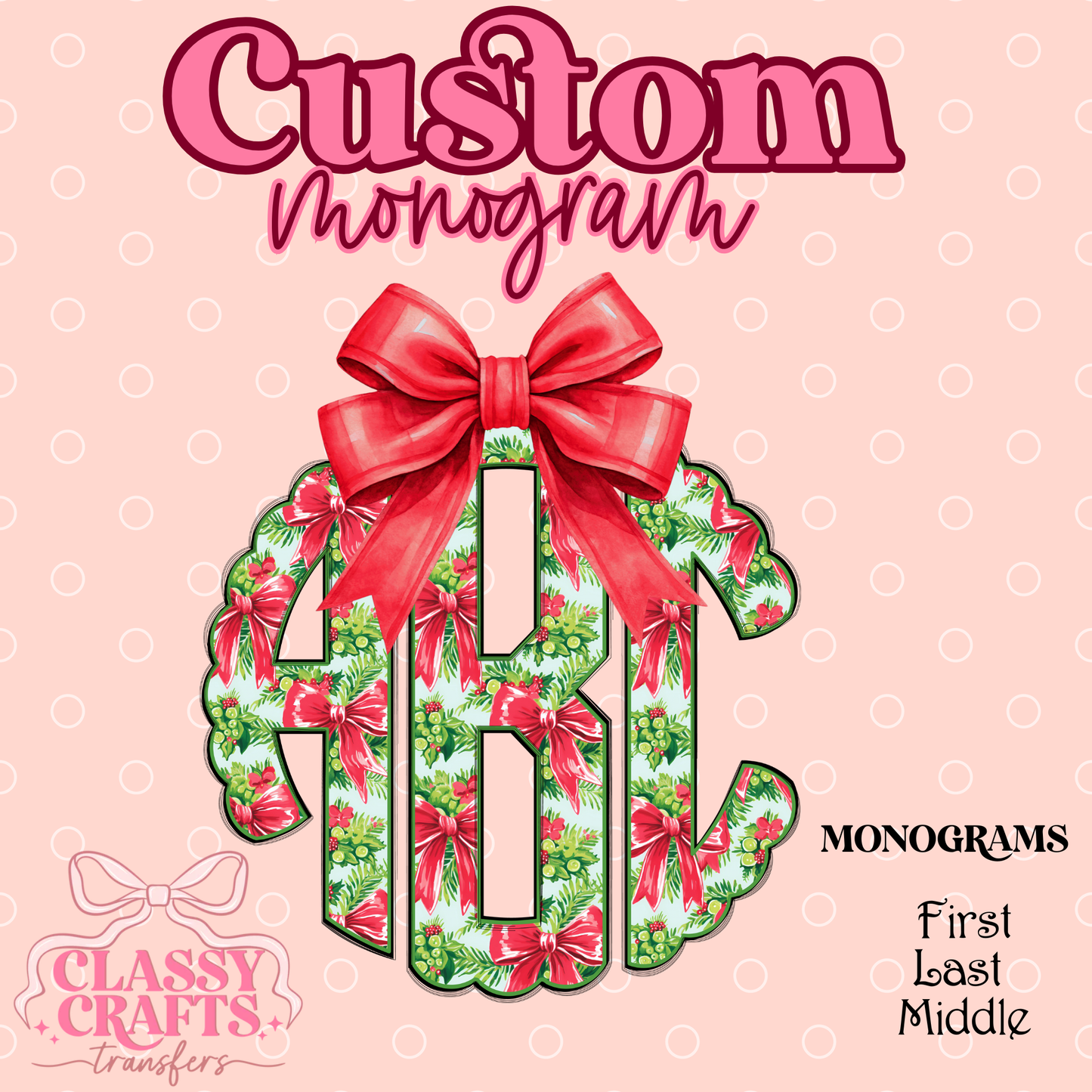 Red Coquette Bow With Holly - Custom Monogram Transfer