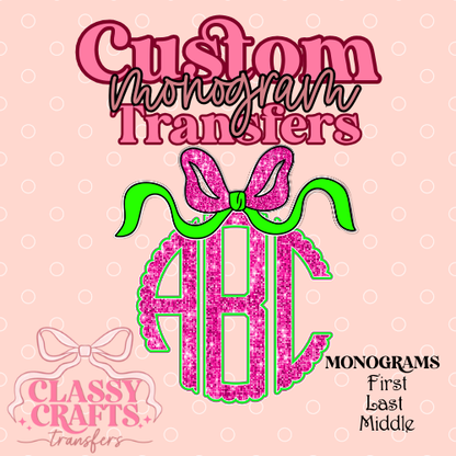 Coquette Hot Pink & Green Glitter - Custom Monogram Transfer