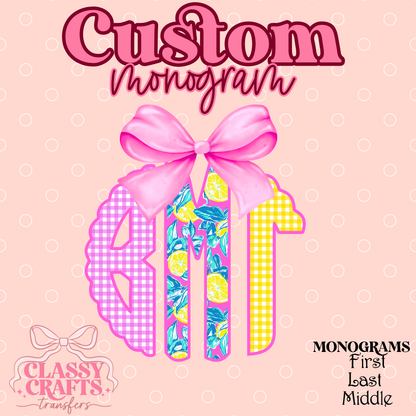 Lemon Plaid Coquette Bow   - Custom Monogram Transfer